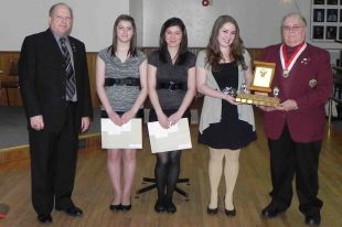 The 2011 Knights of Columbus Fourth Degree Semi-final Regional High School Speaking Contest was recently held. From left: Sir Knight Baden Clouter, speak-off Chairman; Andrea Bennett, 2nd runner up; Kelsey King, 1st runner up; Megan Elliott, winner; and Sir Knight Tom Hughes.