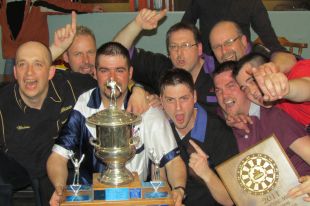 The winning team. Front: Brian Joy, captain Michael Fitzpatrick, Gregory Bullen, Gordon Bullen, and Adam Bullen. Back: Gary Smith, Maurice Bullen (playoff MVP), and Sam Organ (highest overall average).