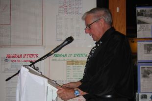 Cec Stein addresses attendees at the Caribou Curling Club’s 40th anniversary celebrations.